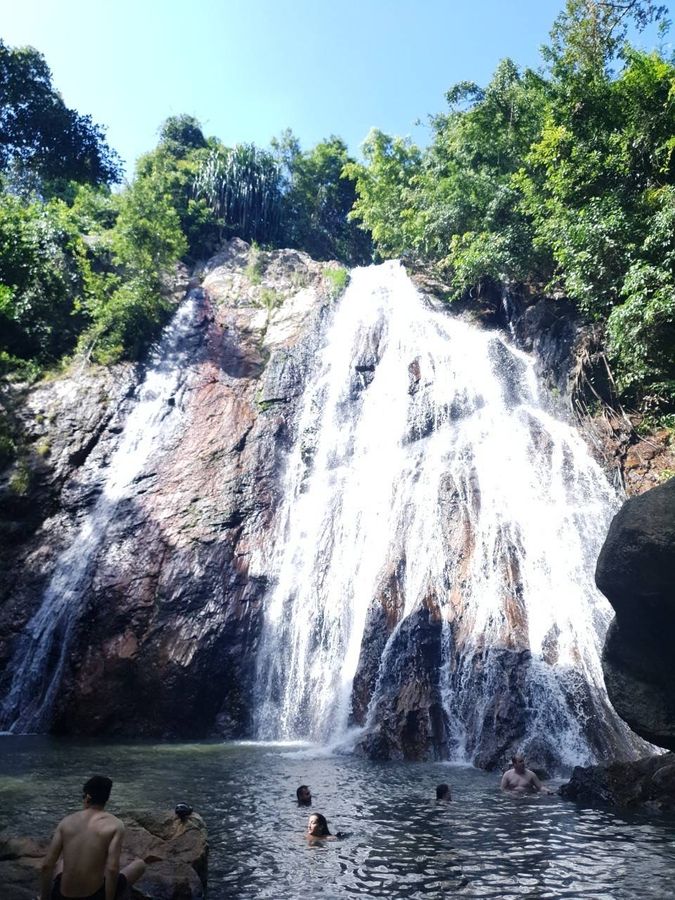 Guests swimming under a tall jungle waterfall