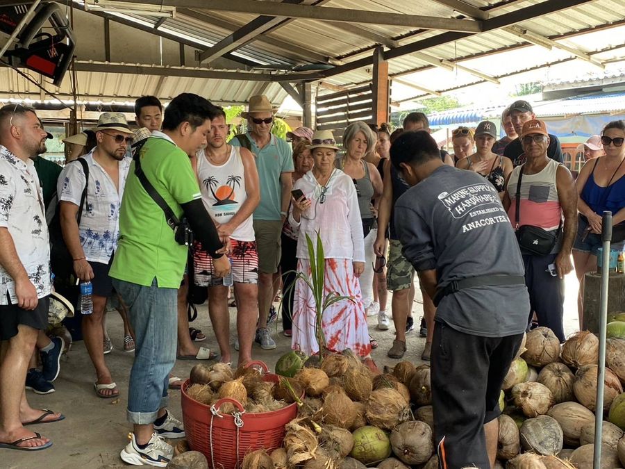 Guide showing a group how coconuts are husked
