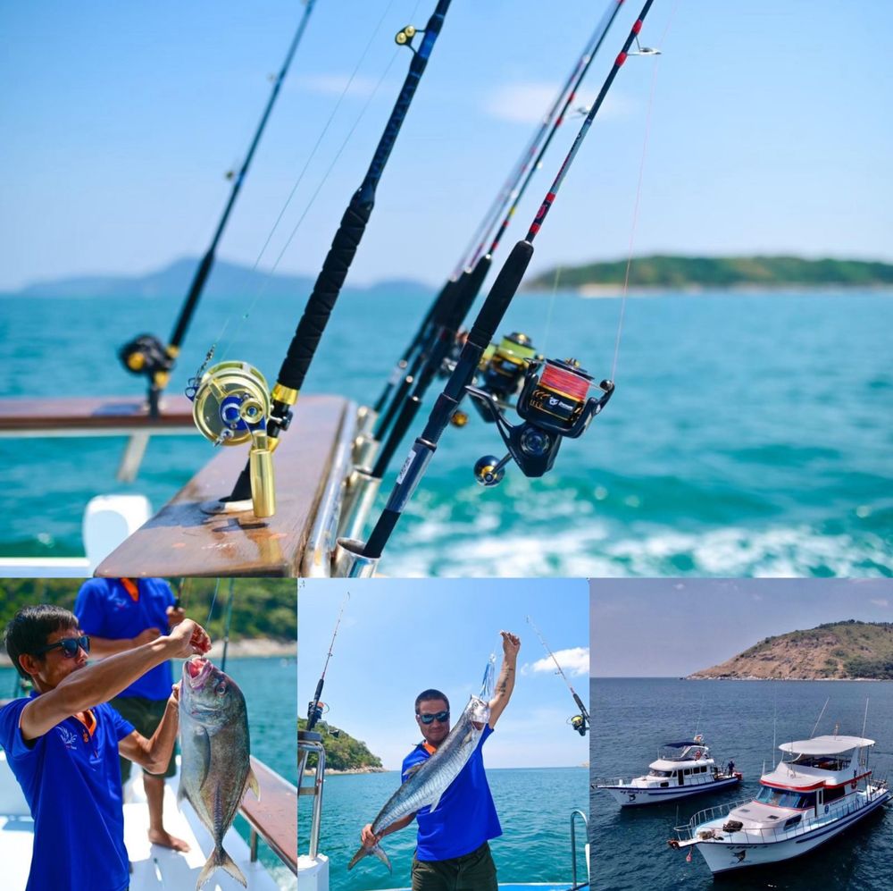 Fishing rods on a boat off Phuket, guests holding their catch, and the fishing boats at sea